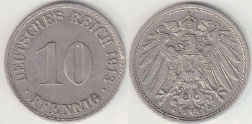 1913 A Germany 10 Pfennig A008310